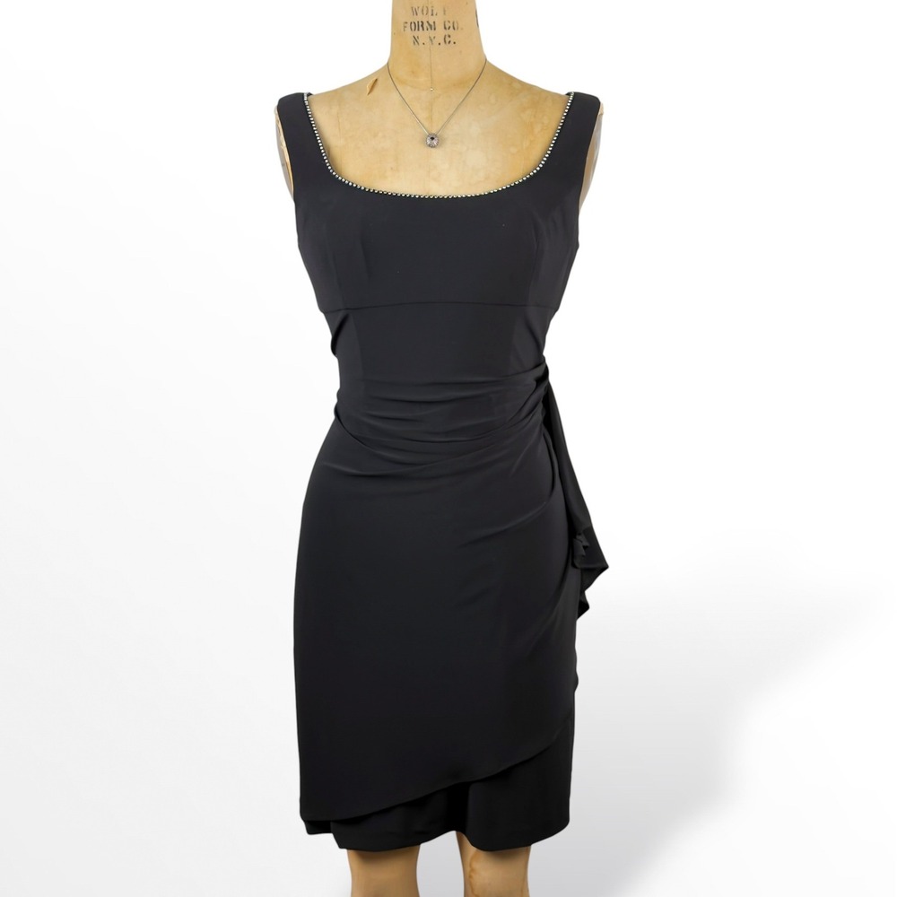 90s Alex Evenings Womens 8P Rhinestone Neckline Sheath Dress Draped Cocktail LBD
